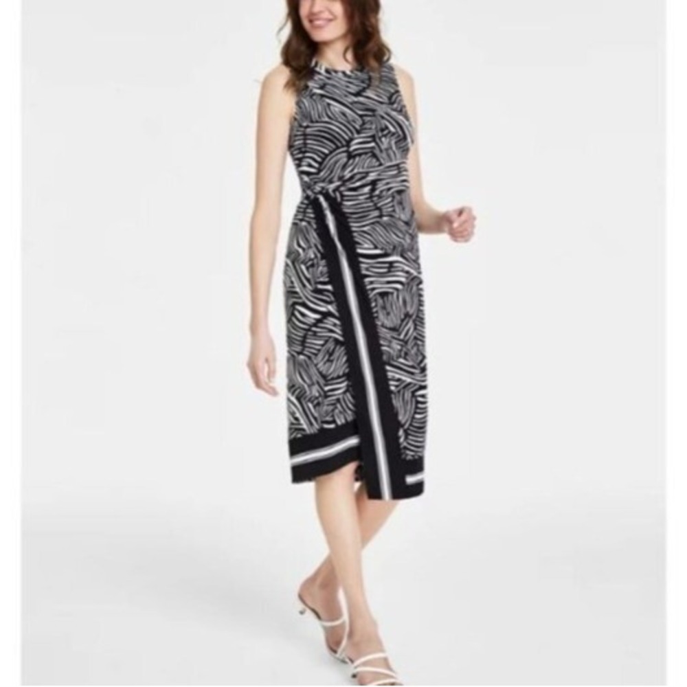 Michael Kors Zebra Asymmetrical Midi Dress PXL Black White Artsy Work Resort NWT